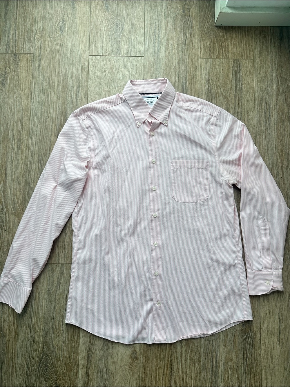 Charles Tyrwhitt pink and white pinstripe button-down dress shirt